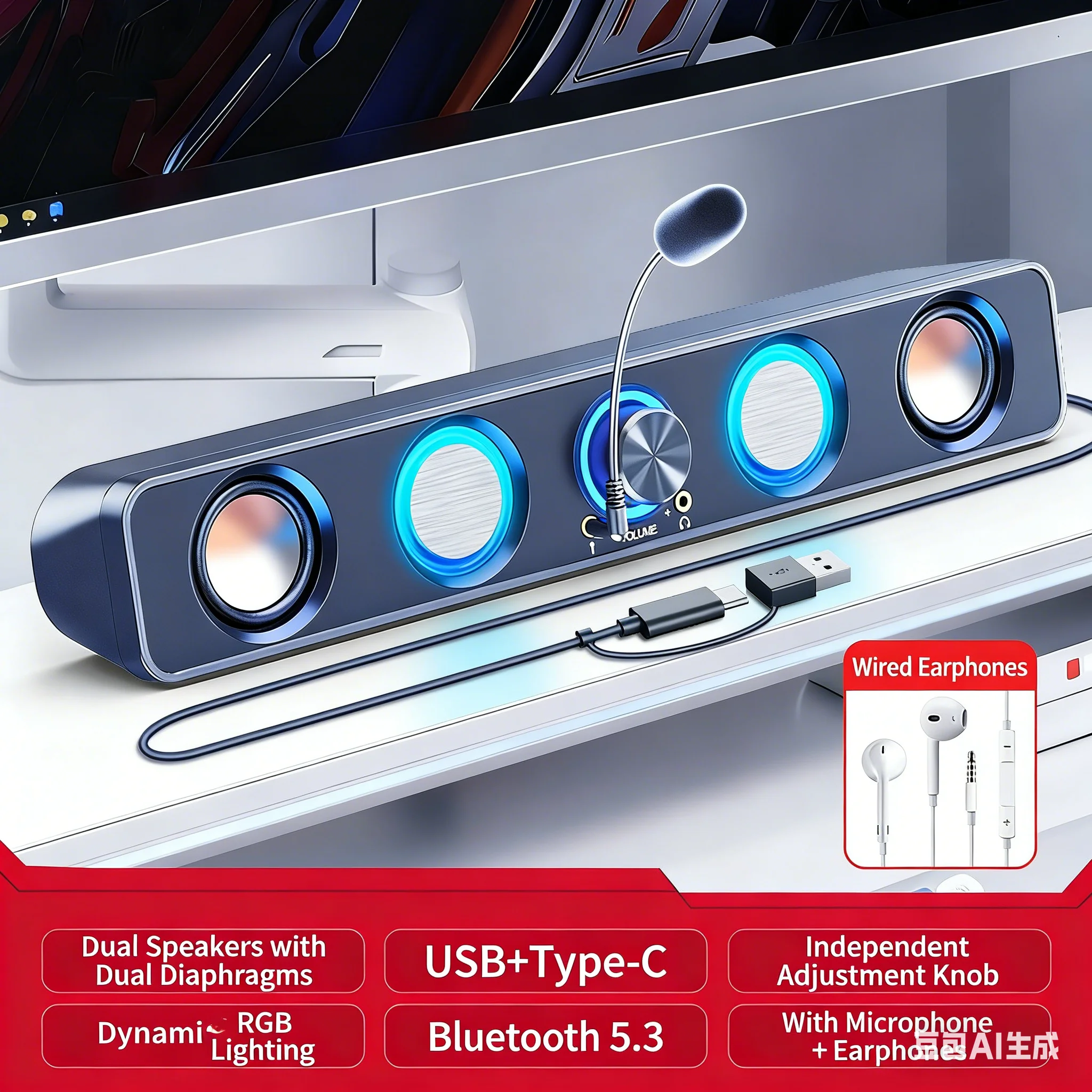 Soundbar RGB para jogos 2.0 co - Rgb Computer Soundbar For Pc avaliação e preço